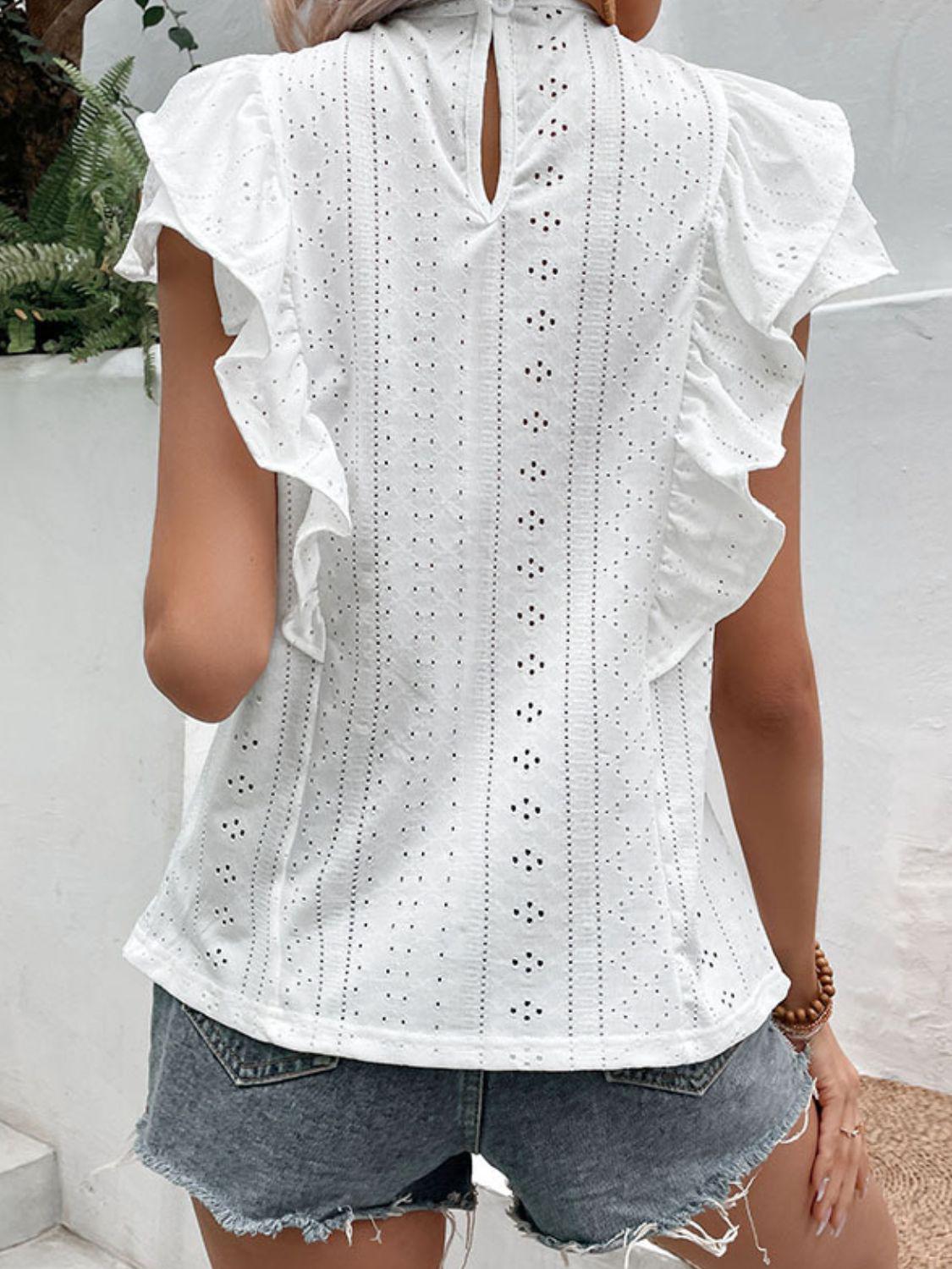 Eyelet Butterfly Sleeve Round Neck Blouse BLUE ZONE PLANET