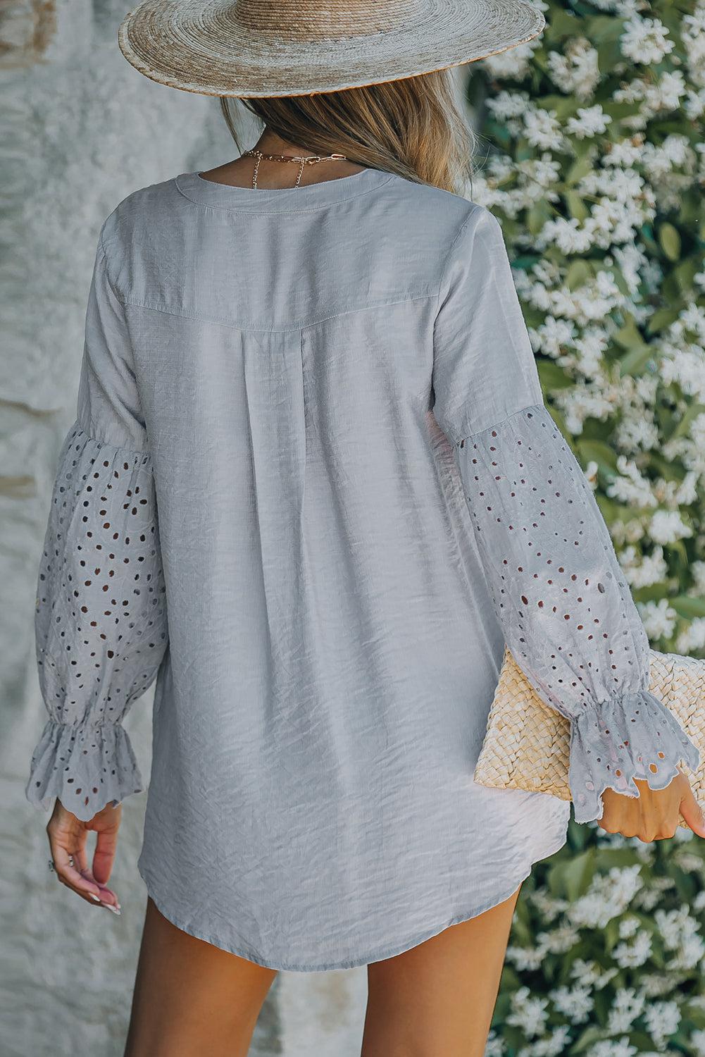 Eyelet Button Front Notched Neck Blouse BLUE ZONE PLANET