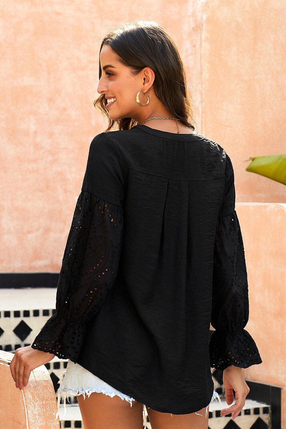 Eyelet Button Front Notched Neck Blouse BLUE ZONE PLANET
