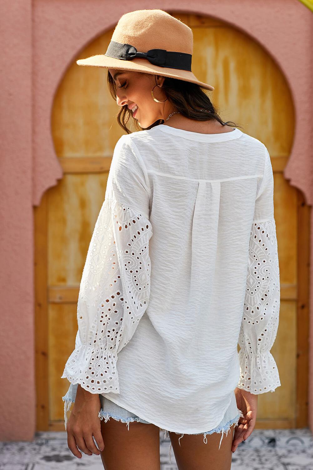 Eyelet Button Front Notched Neck Blouse BLUE ZONE PLANET