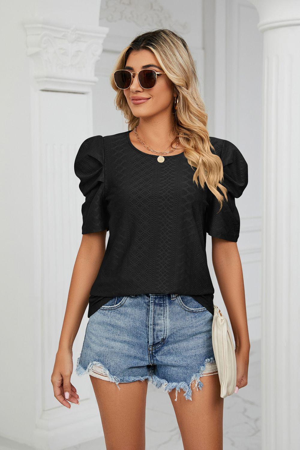 Eyelet Puff Sleeve Round Neck Blouse BLUE ZONE PLANET