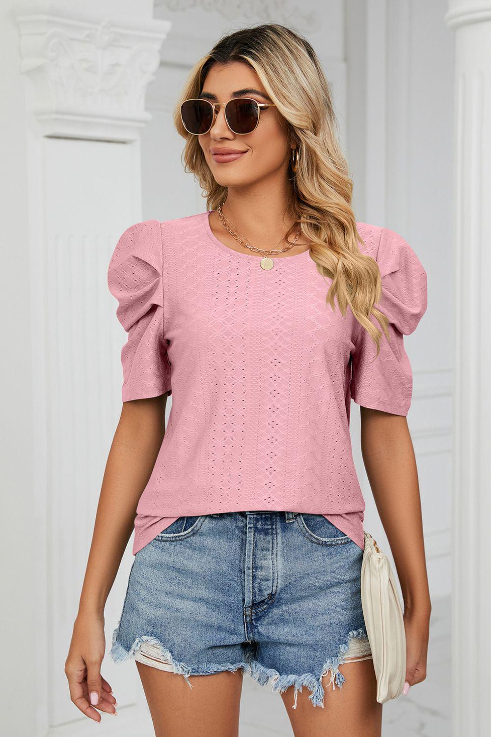 Eyelet Puff Sleeve Round Neck Blouse BLUE ZONE PLANET