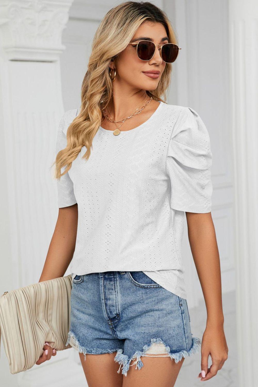 Eyelet Puff Sleeve Round Neck Blouse BLUE ZONE PLANET