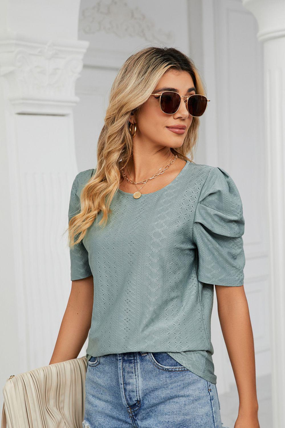 Eyelet Puff Sleeve Round Neck Blouse BLUE ZONE PLANET