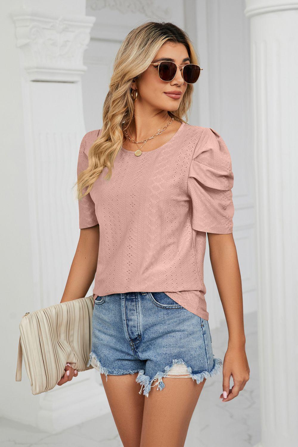 Eyelet Puff Sleeve Round Neck Blouse BLUE ZONE PLANET