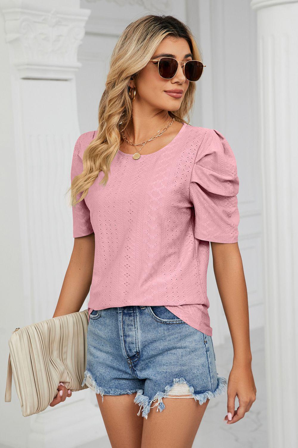 Eyelet Puff Sleeve Round Neck Blouse BLUE ZONE PLANET