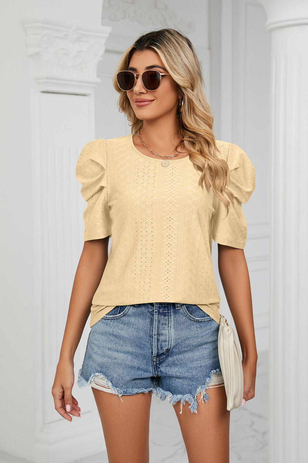 Eyelet Puff Sleeve Round Neck Blouse BLUE ZONE PLANET