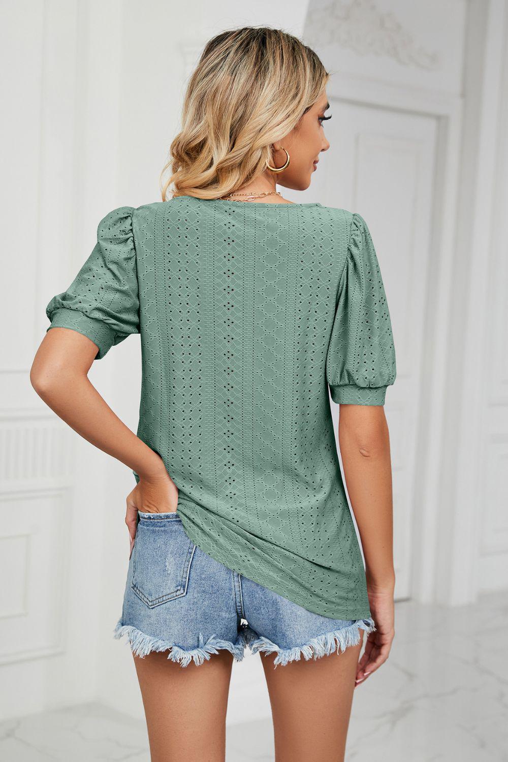 Eyelet Puff Sleeve Round Neck Top BLUE ZONE PLANET