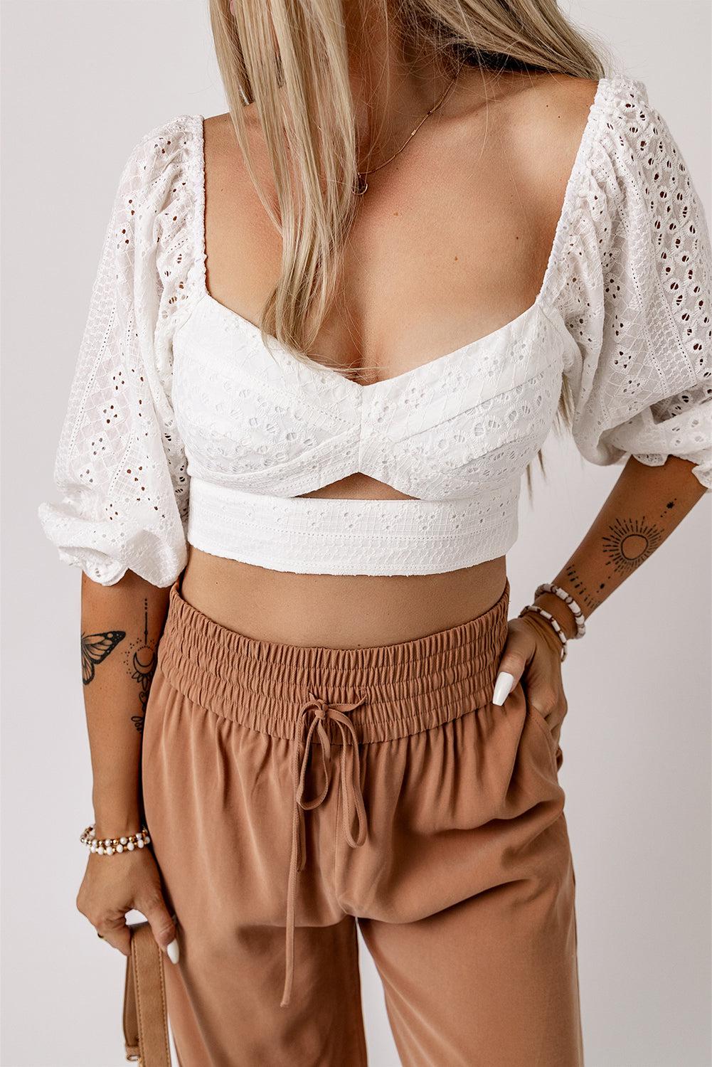 Eyelet Sweetheart Neck Cutout Crop Top BLUE ZONE PLANET