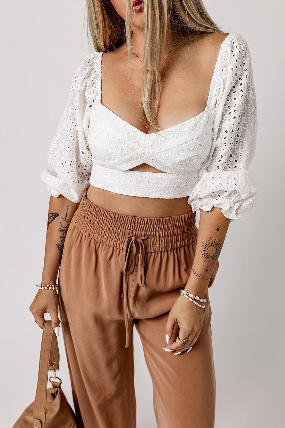 Eyelet Sweetheart Neck Cutout Crop Top BLUE ZONE PLANET