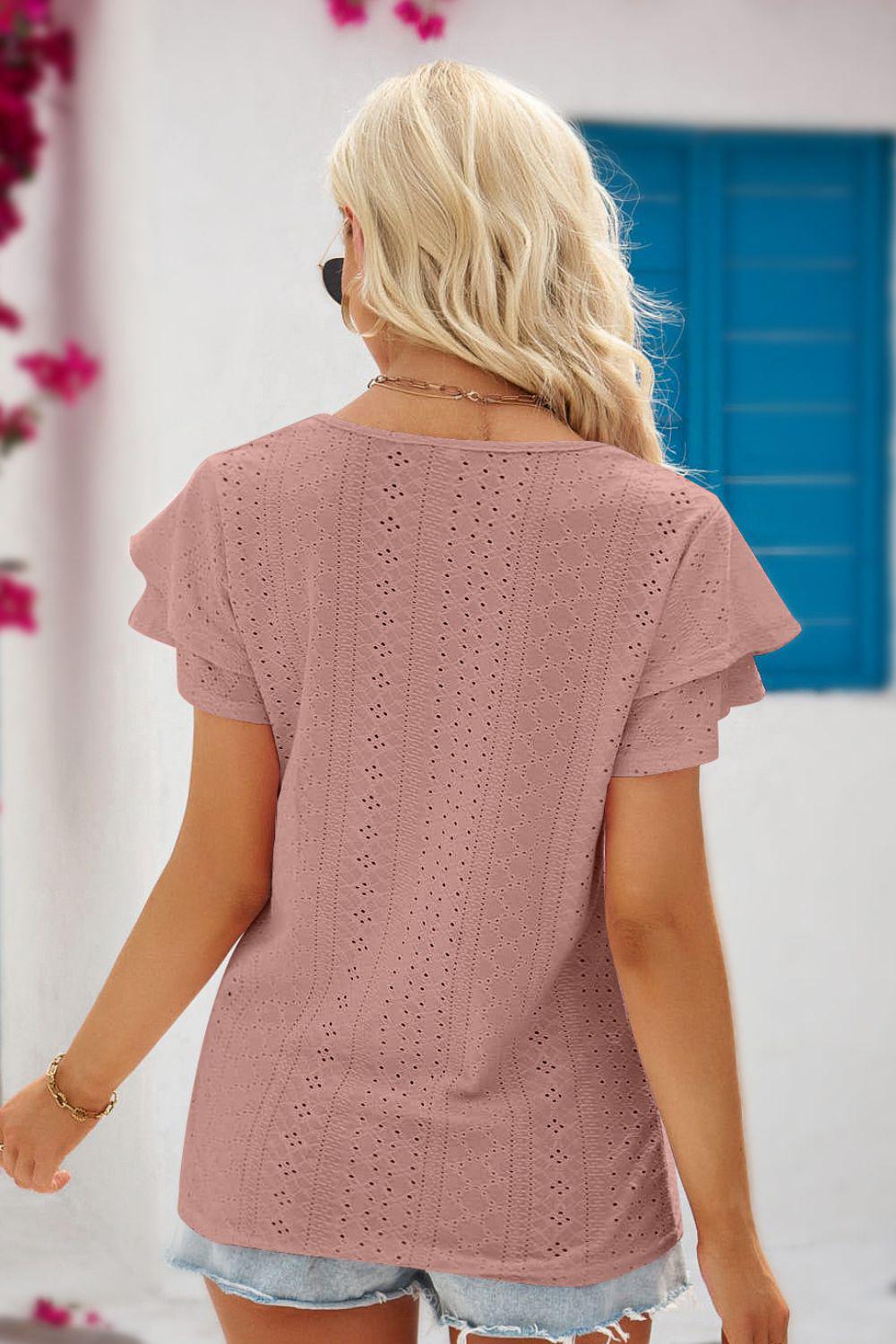 Eyelet Tie-Neck Flutter Sleeve Blouse BLUE ZONE PLANET