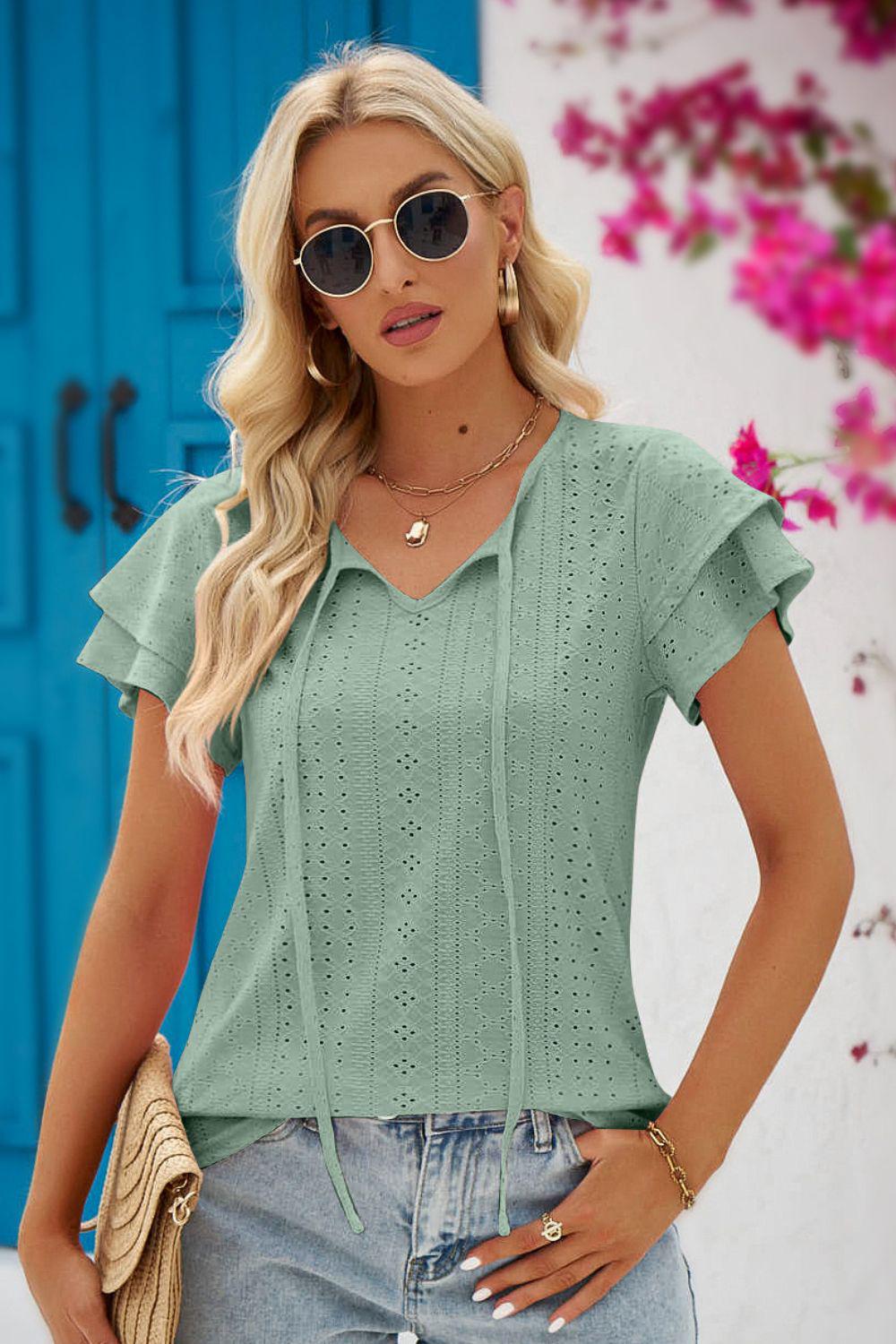 Eyelet Tie-Neck Flutter Sleeve Blouse BLUE ZONE PLANET
