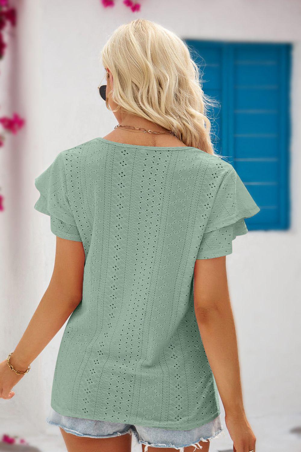 Eyelet Tie-Neck Flutter Sleeve Blouse BLUE ZONE PLANET