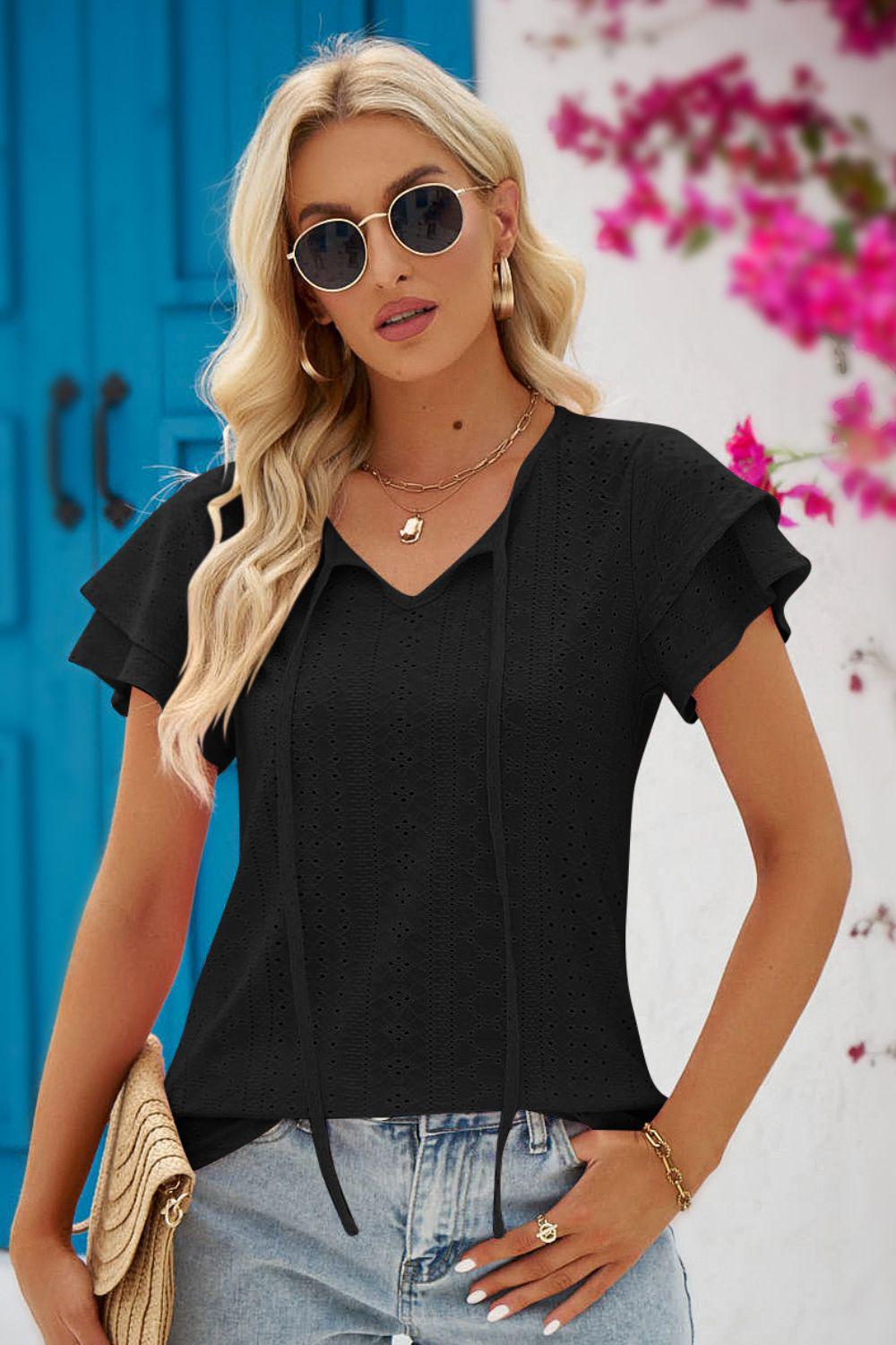 Eyelet Tie-Neck Flutter Sleeve Blouse BLUE ZONE PLANET
