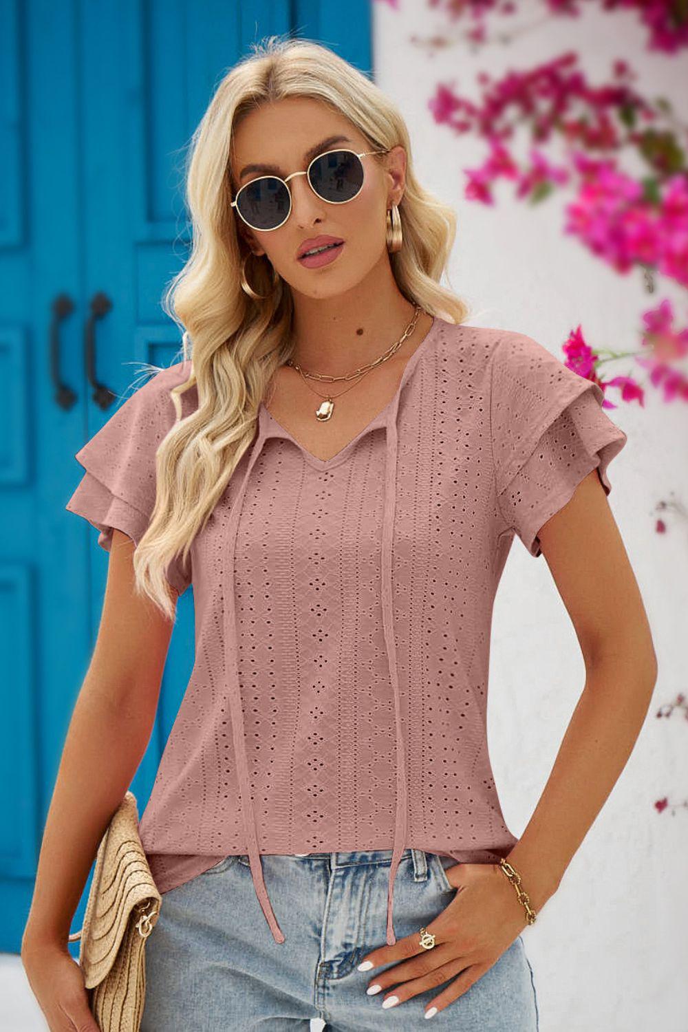 Eyelet Tie-Neck Flutter Sleeve Blouse BLUE ZONE PLANET