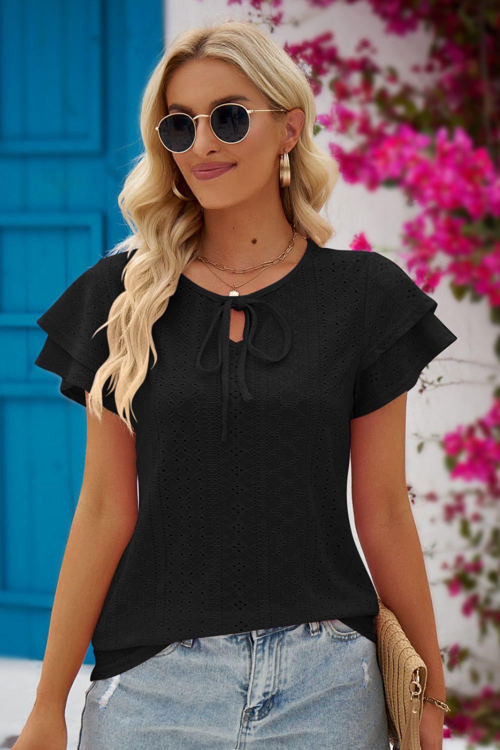 Eyelet Tie-Neck Flutter Sleeve Blouse BLUE ZONE PLANET