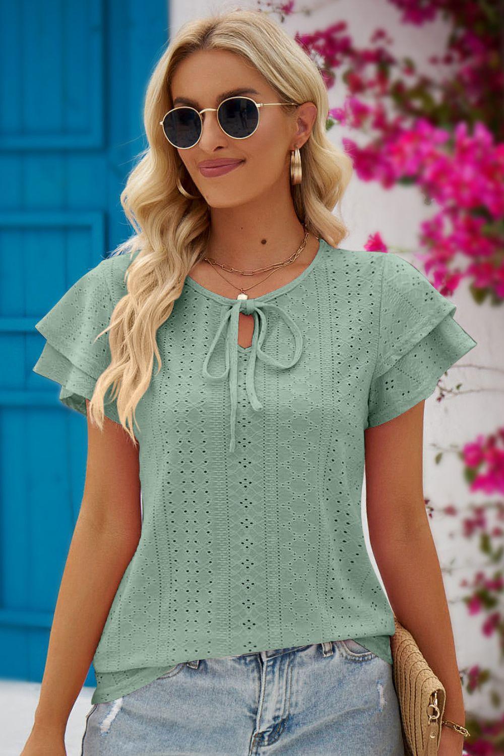 Eyelet Tie-Neck Flutter Sleeve Blouse BLUE ZONE PLANET