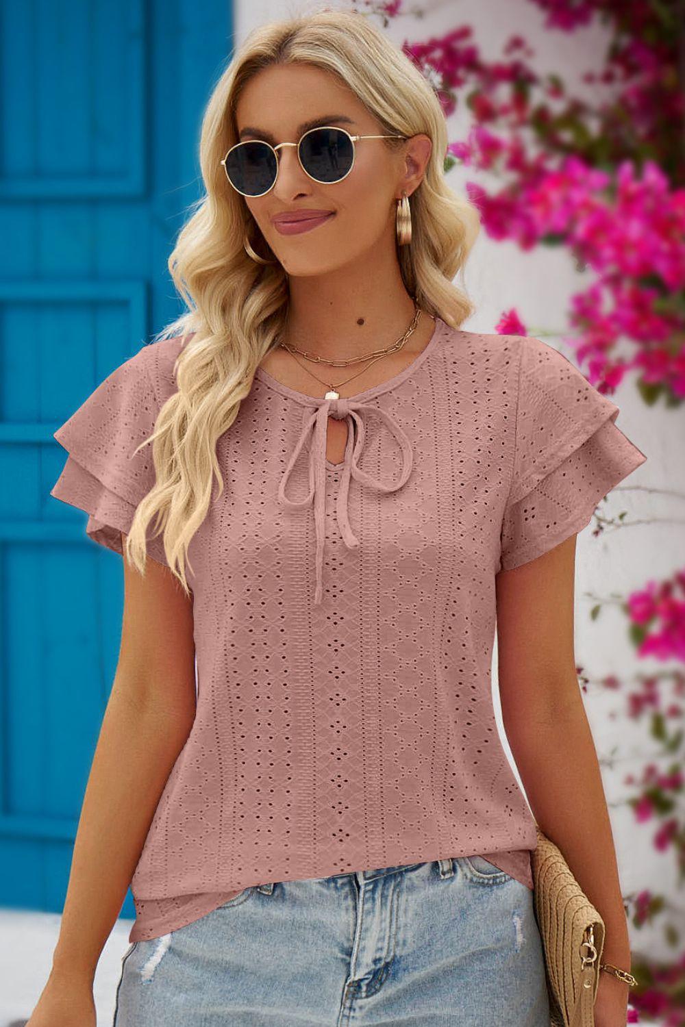 Eyelet Tie-Neck Flutter Sleeve Blouse BLUE ZONE PLANET