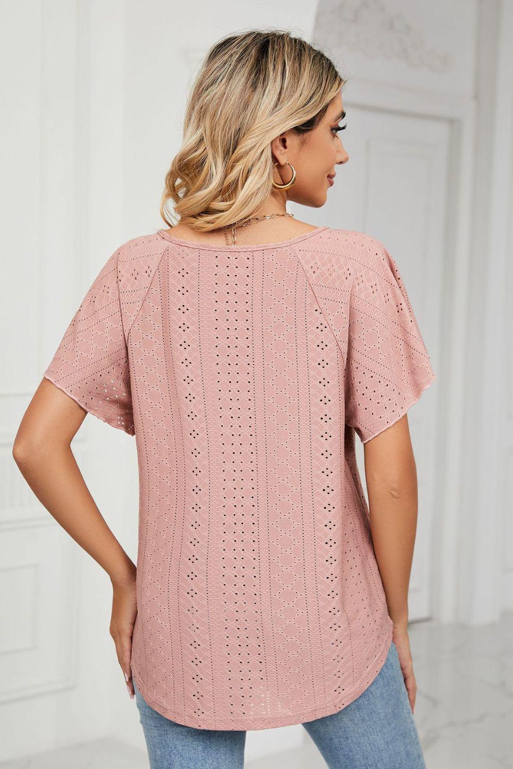 Eyelet Tie-Neck Flutter Sleeve Top BLUE ZONE PLANET