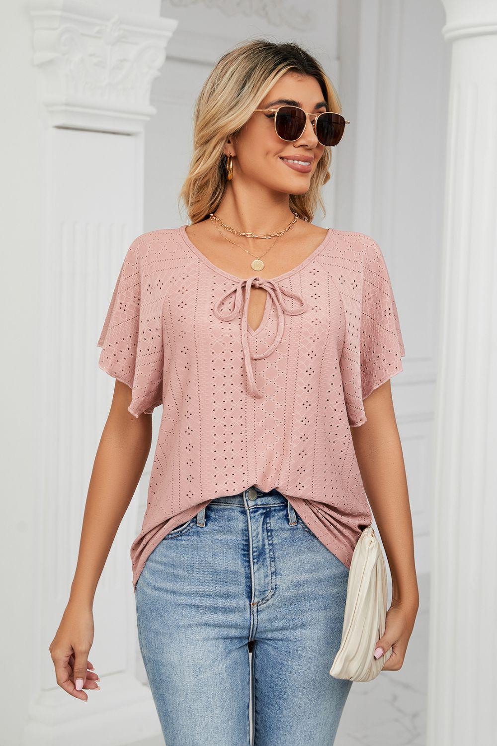 Eyelet Tie-Neck Flutter Sleeve Top BLUE ZONE PLANET