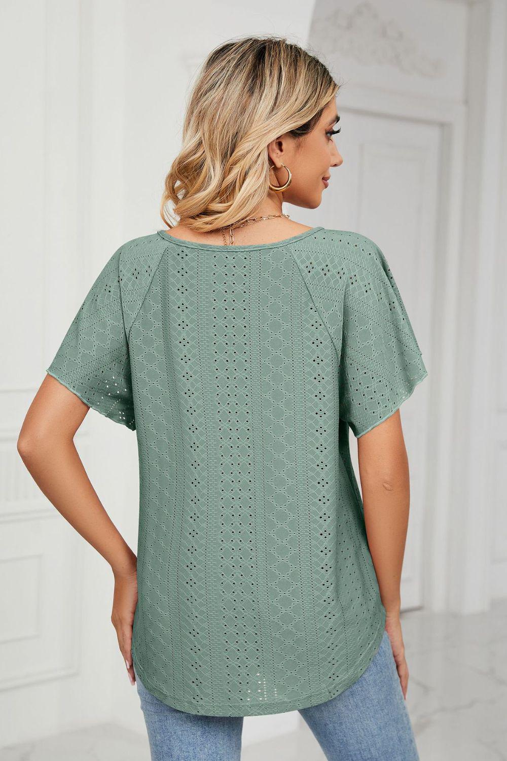 Eyelet Tie-Neck Flutter Sleeve Top BLUE ZONE PLANET