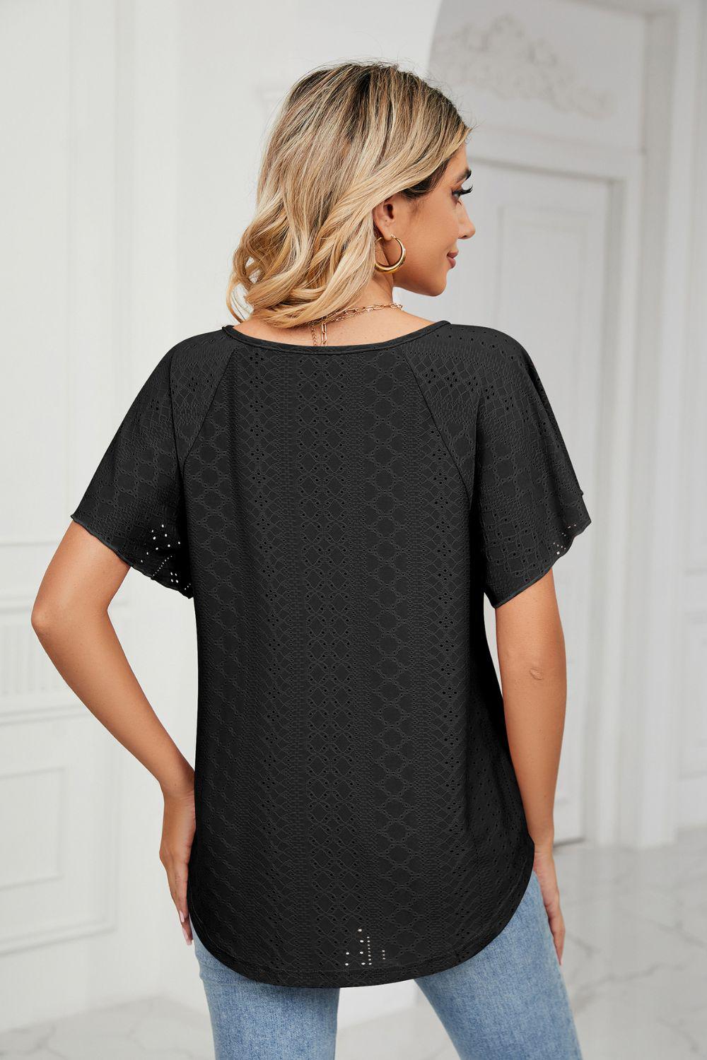 Eyelet Tie-Neck Flutter Sleeve Top BLUE ZONE PLANET
