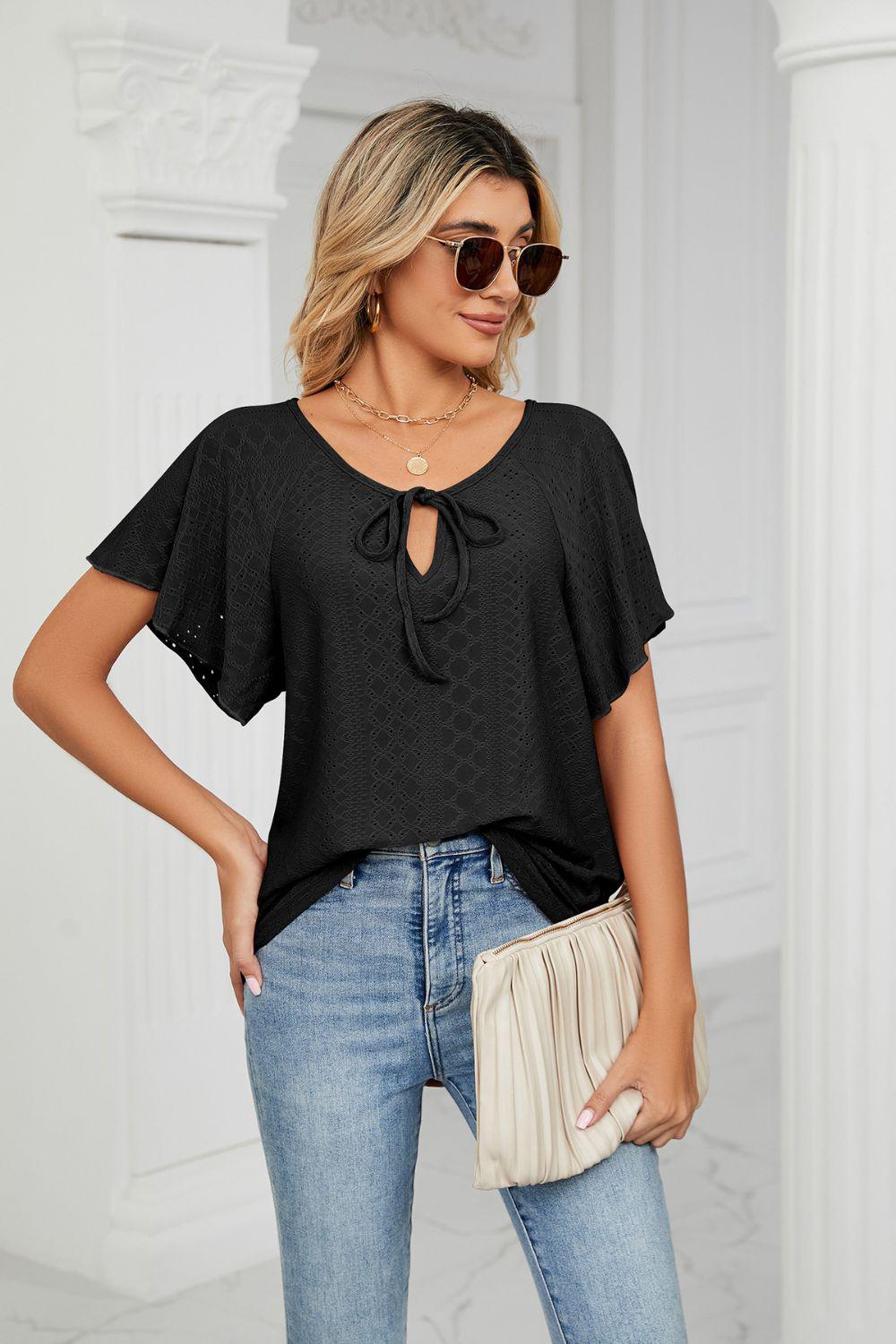 Eyelet Tie-Neck Flutter Sleeve Top BLUE ZONE PLANET