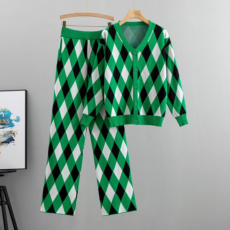 suit fall and winter plaid knit cardigan top pants two-piece tide kakaclo