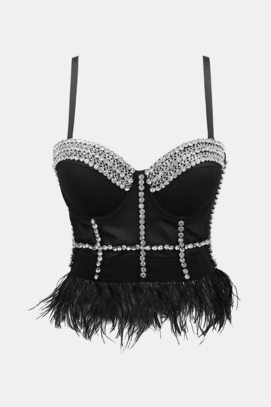 Feather Trim Rhinestone Bustier BLUE ZONE PLANET