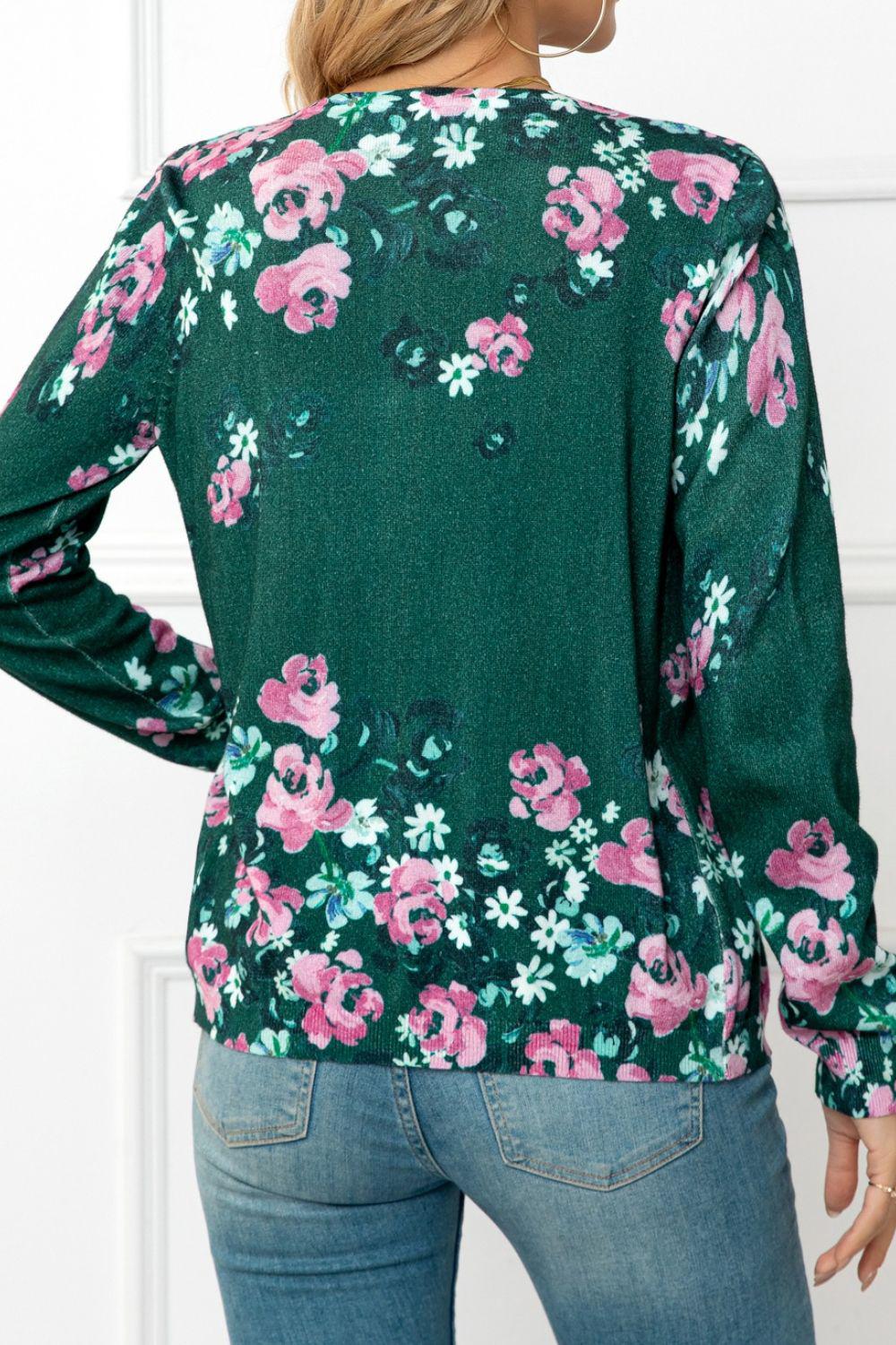 Floral Button Front Round Neck Cardigan BLUE ZONE PLANET