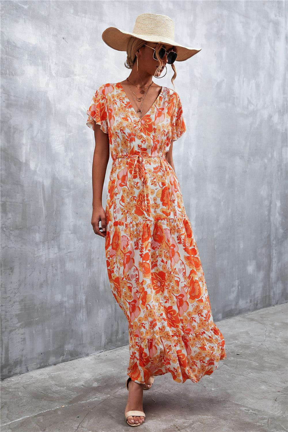 Floral Buttoned Drawstring Waist Tiered Dress BLUE ZONE PLANET