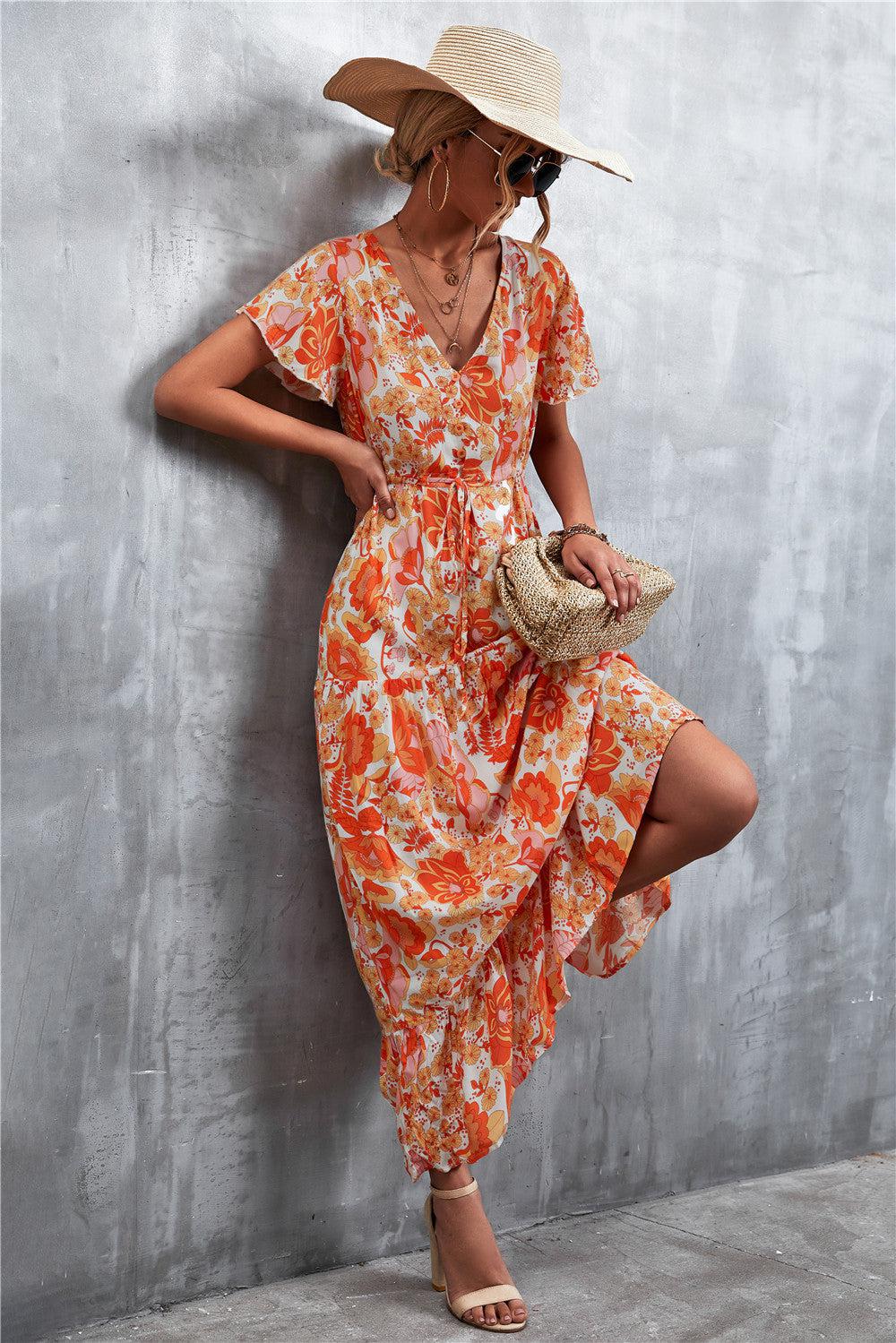Floral Buttoned Drawstring Waist Tiered Dress BLUE ZONE PLANET