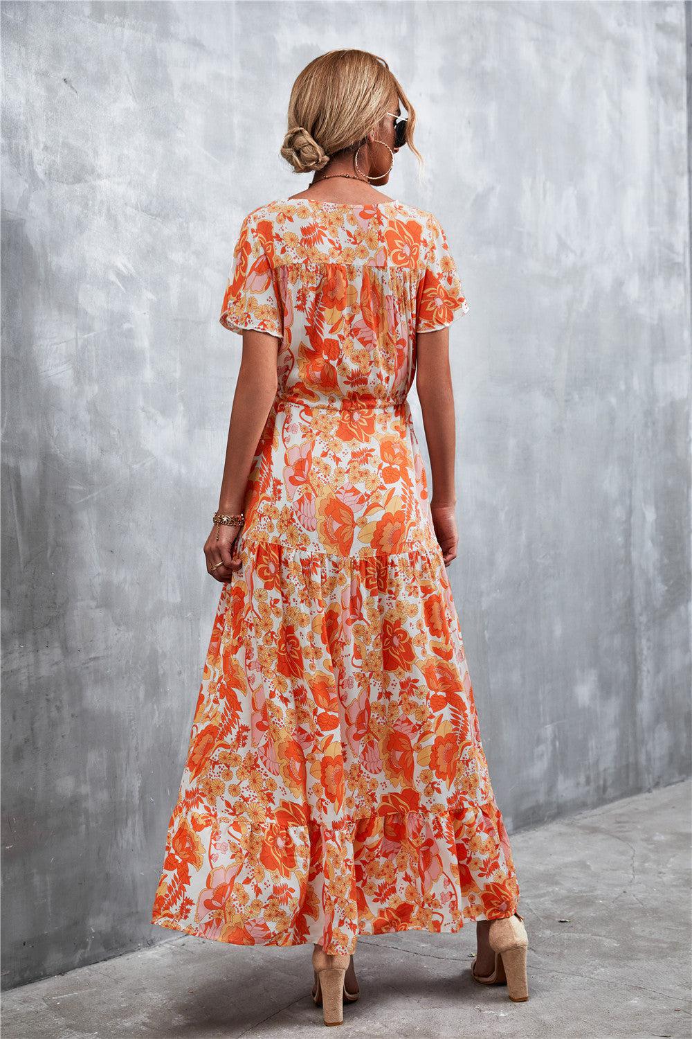 Floral Buttoned Drawstring Waist Tiered Dress BLUE ZONE PLANET