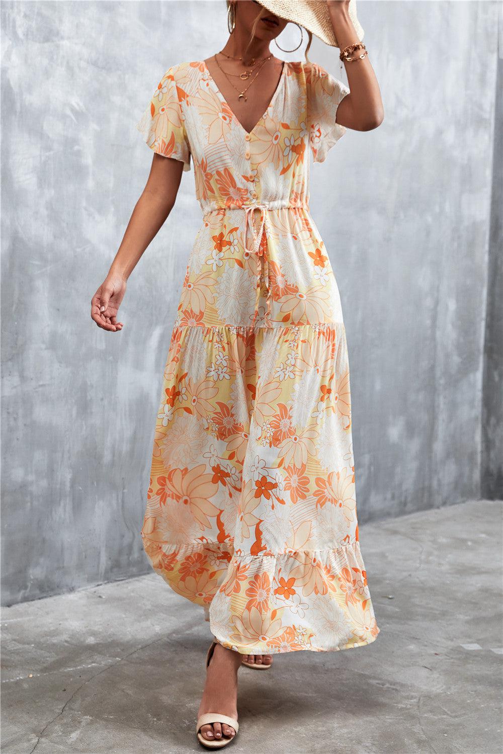 Floral Buttoned Drawstring Waist Tiered Dress BLUE ZONE PLANET