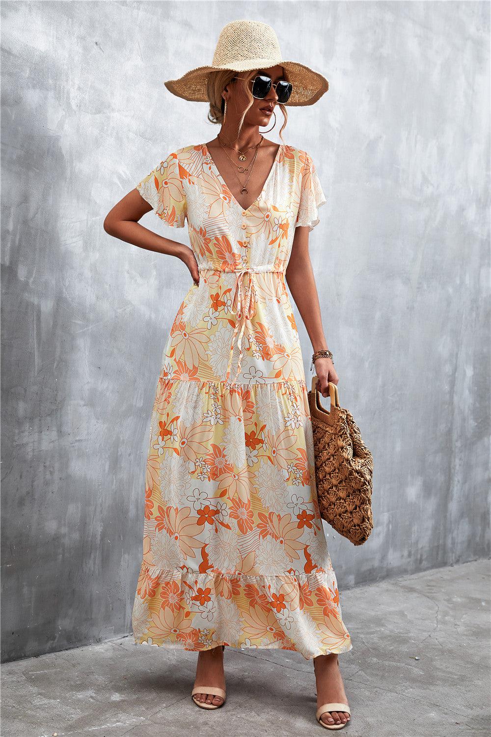 Floral Buttoned Drawstring Waist Tiered Dress BLUE ZONE PLANET