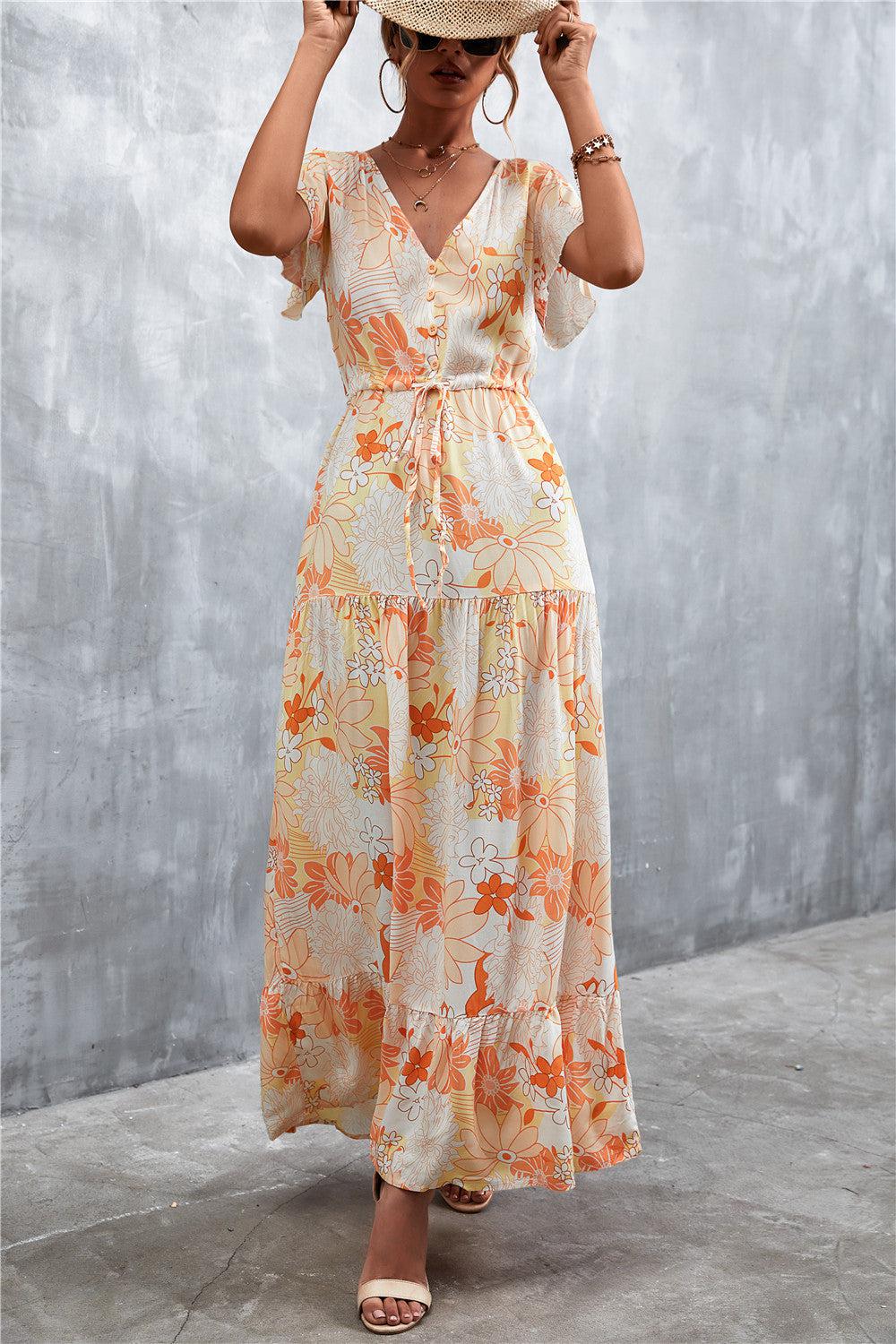 Floral Buttoned Drawstring Waist Tiered Dress BLUE ZONE PLANET