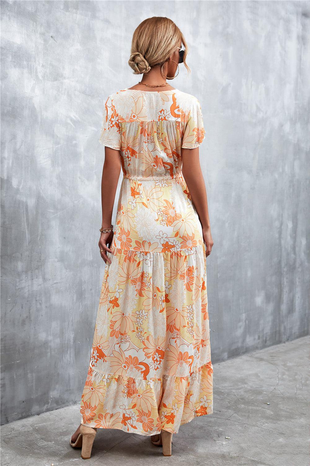 Floral Buttoned Drawstring Waist Tiered Dress BLUE ZONE PLANET
