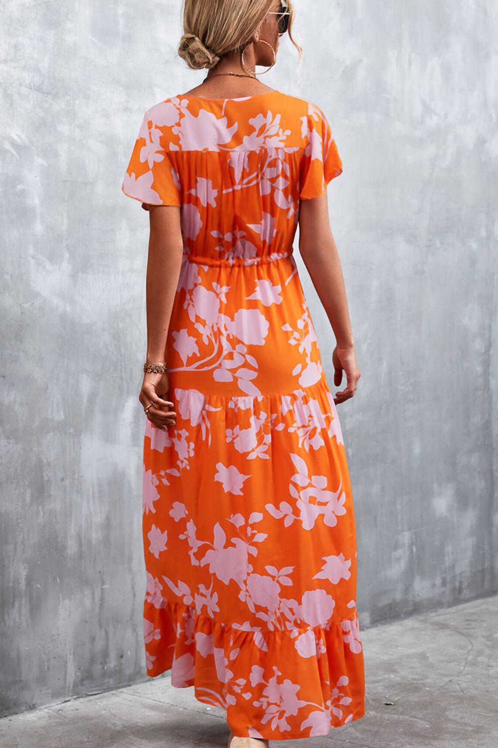 Floral Buttoned Drawstring Waist Tiered Dress BLUE ZONE PLANET
