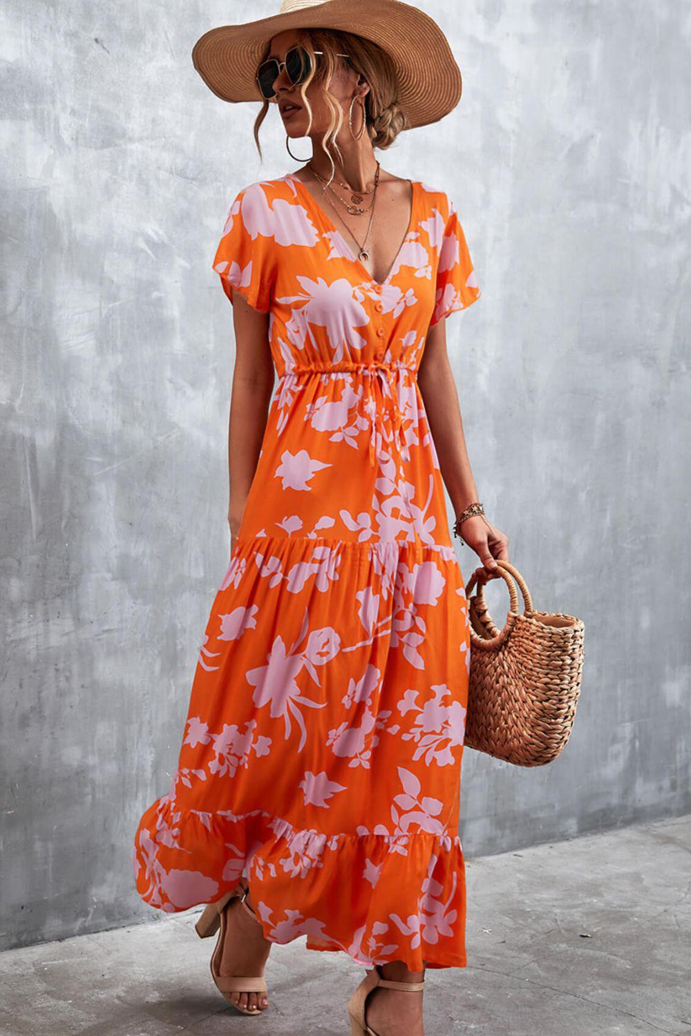Floral Buttoned Drawstring Waist Tiered Dress BLUE ZONE PLANET
