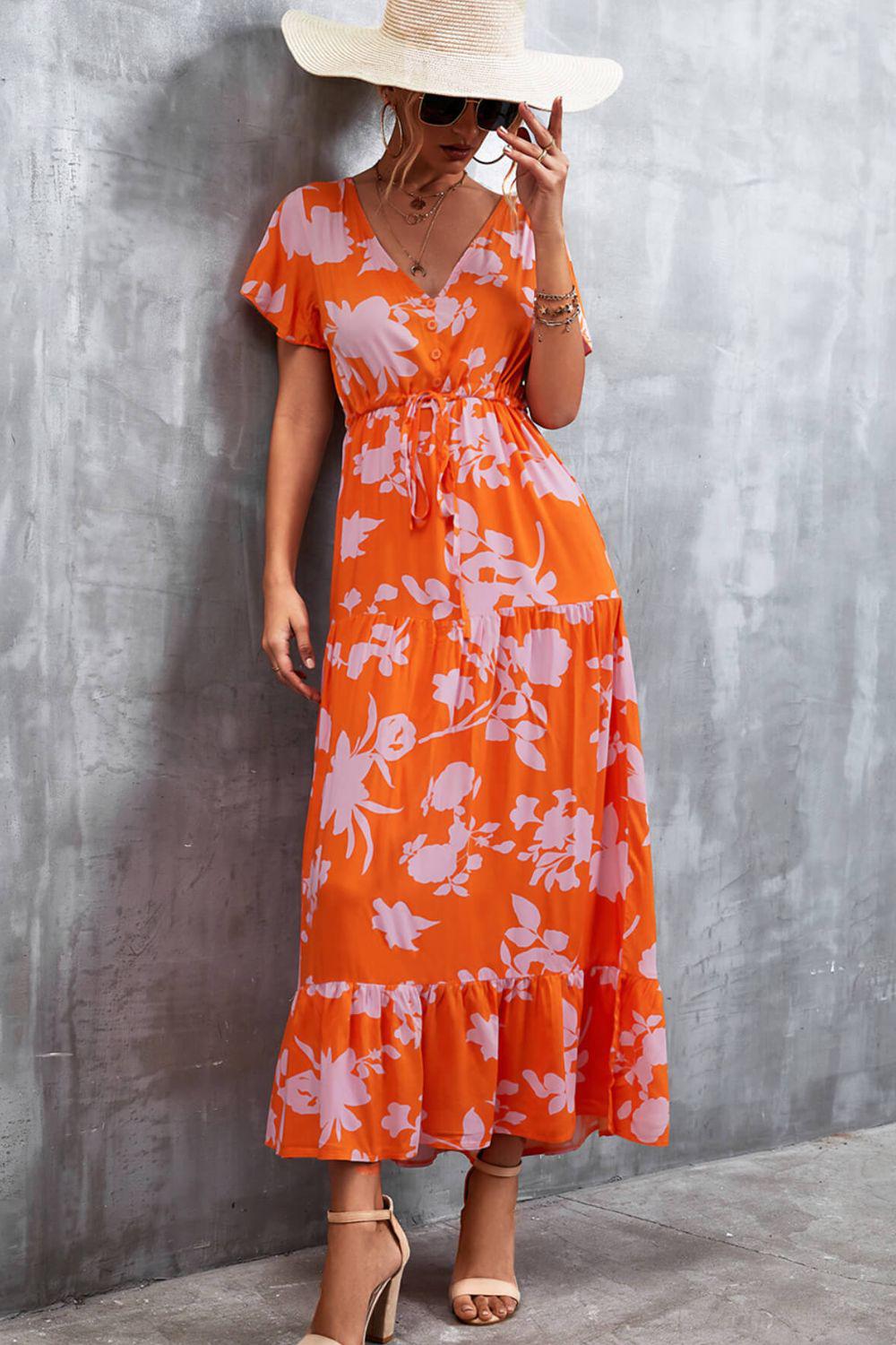 Floral Buttoned Drawstring Waist Tiered Dress BLUE ZONE PLANET