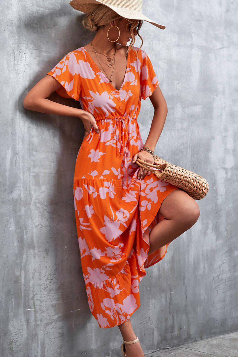 Floral Buttoned Drawstring Waist Tiered Dress BLUE ZONE PLANET