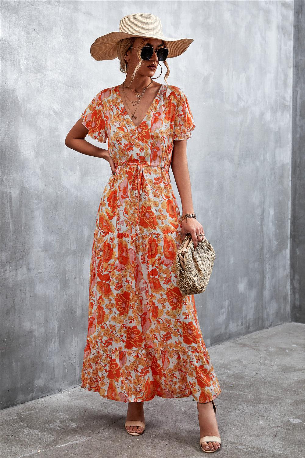 Floral Buttoned Drawstring Waist Tiered Dress BLUE ZONE PLANET