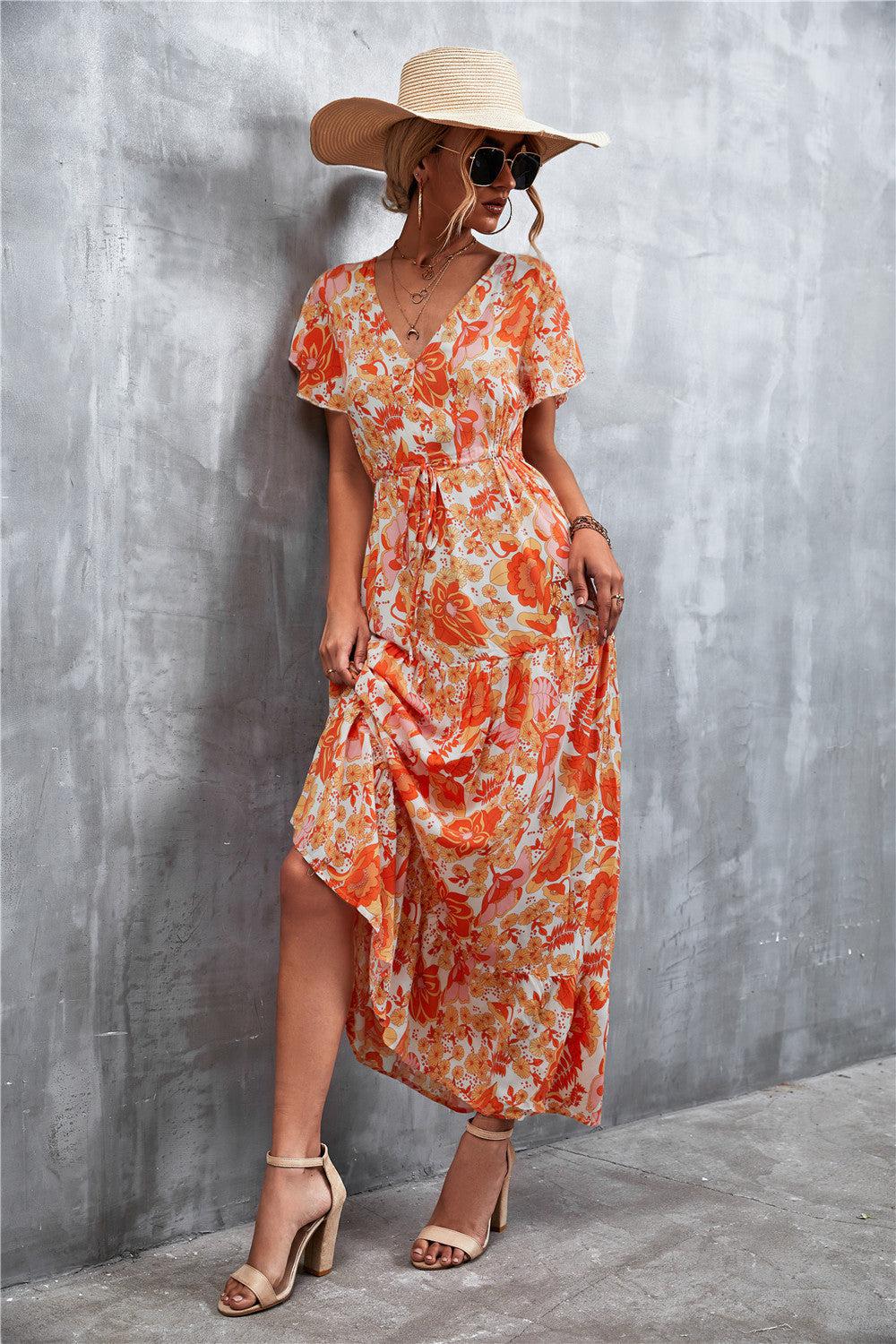 Floral Buttoned Drawstring Waist Tiered Dress BLUE ZONE PLANET