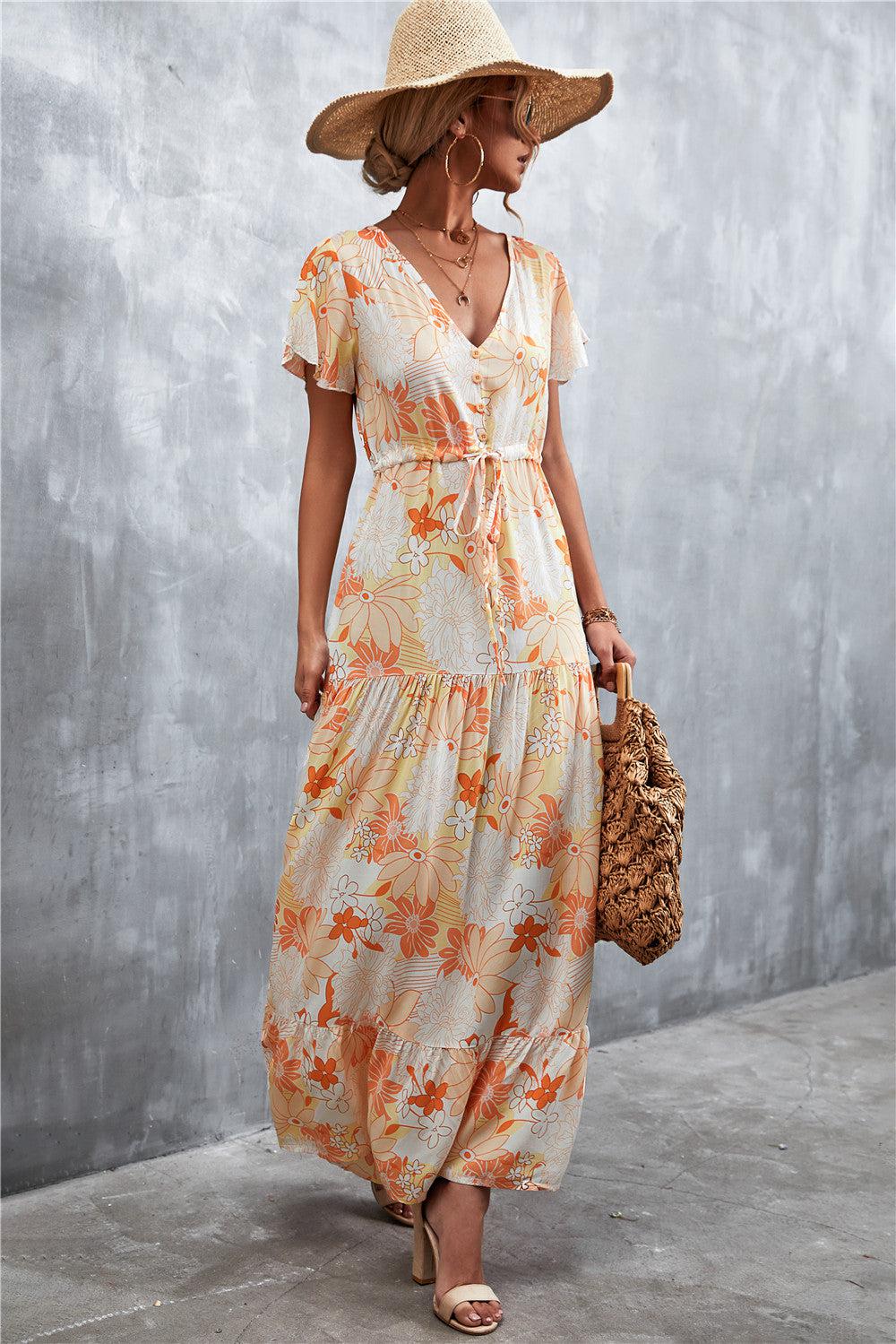 Floral Buttoned Drawstring Waist Tiered Dress BLUE ZONE PLANET