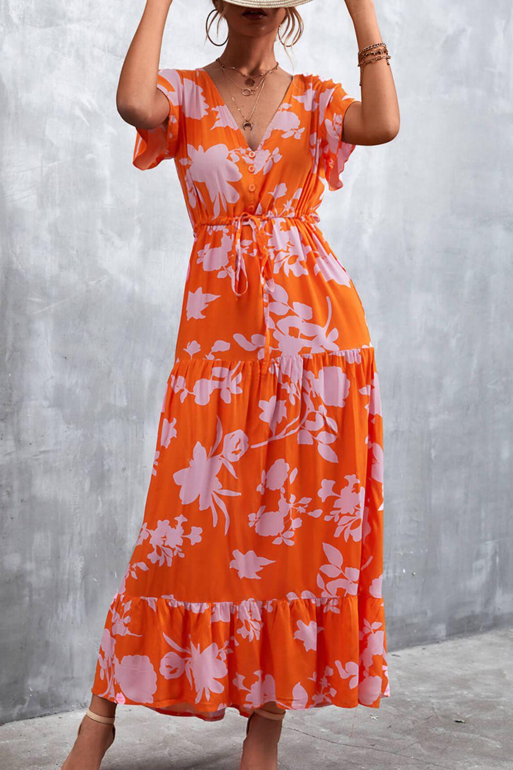 Floral Buttoned Drawstring Waist Tiered Dress BLUE ZONE PLANET