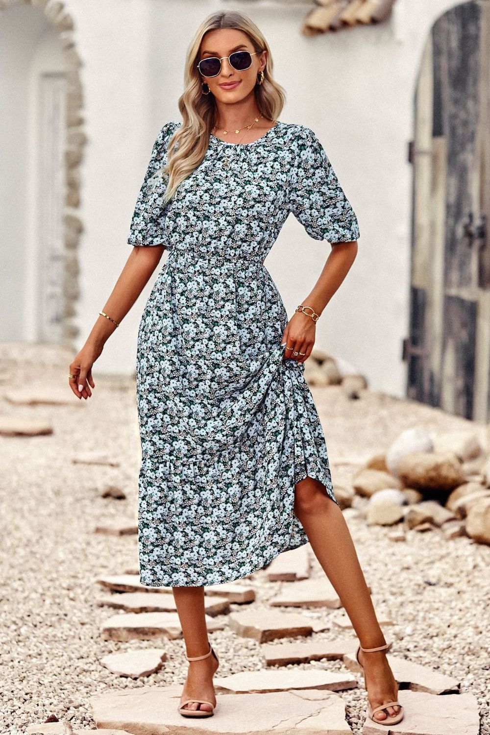 Floral Cutout Puff Sleeve Midi Dress BLUE ZONE PLANET