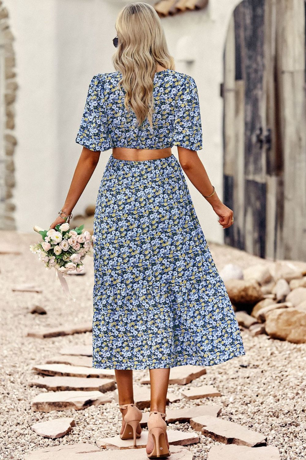Floral Cutout Puff Sleeve Midi Dress BLUE ZONE PLANET
