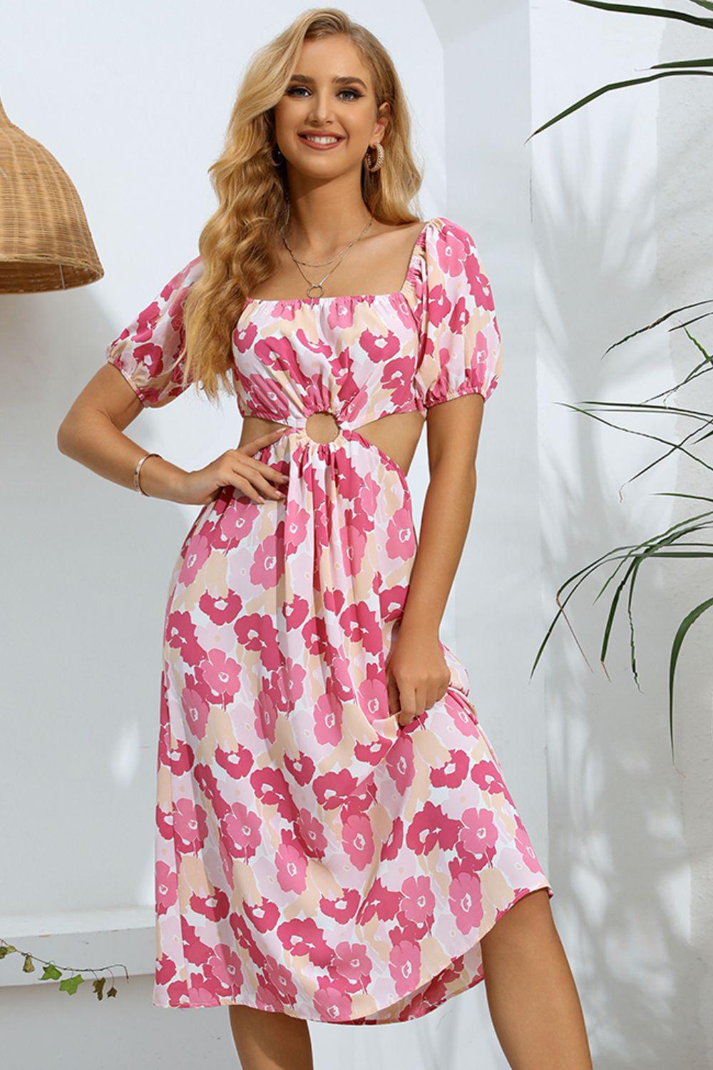 Floral Cutout Square Neck Puff Sleeve Dress BLUE ZONE PLANET