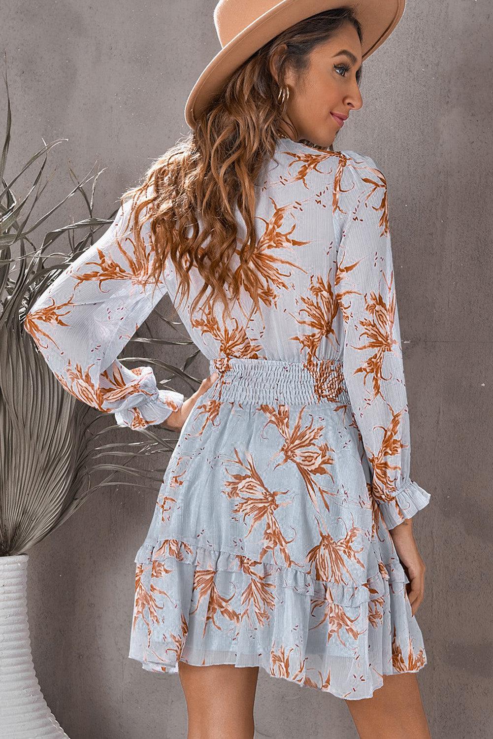 Floral Deep V Flounce Sleeve Mini Dress BLUE ZONE PLANET