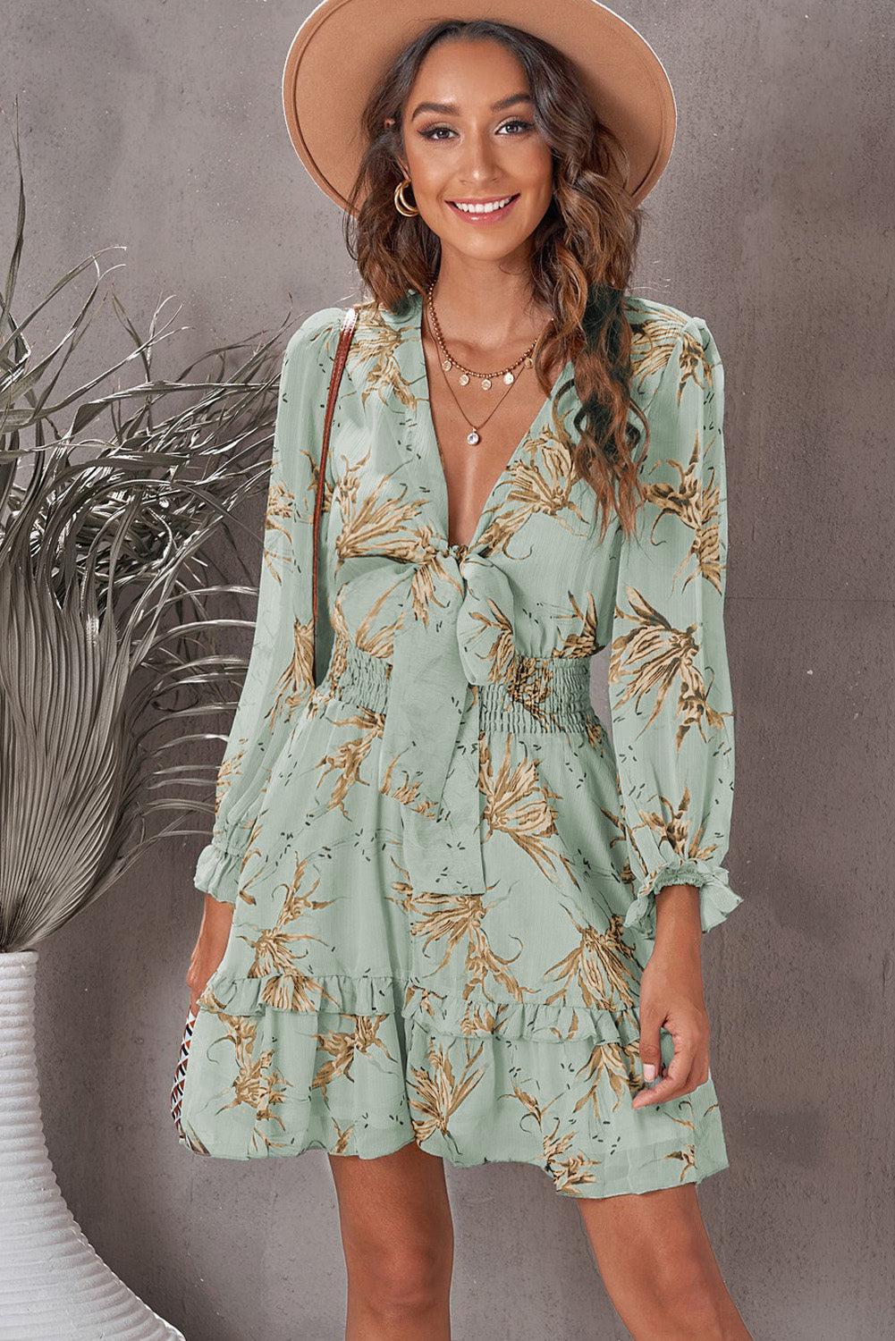 Floral Deep V Flounce Sleeve Mini Dress BLUE ZONE PLANET